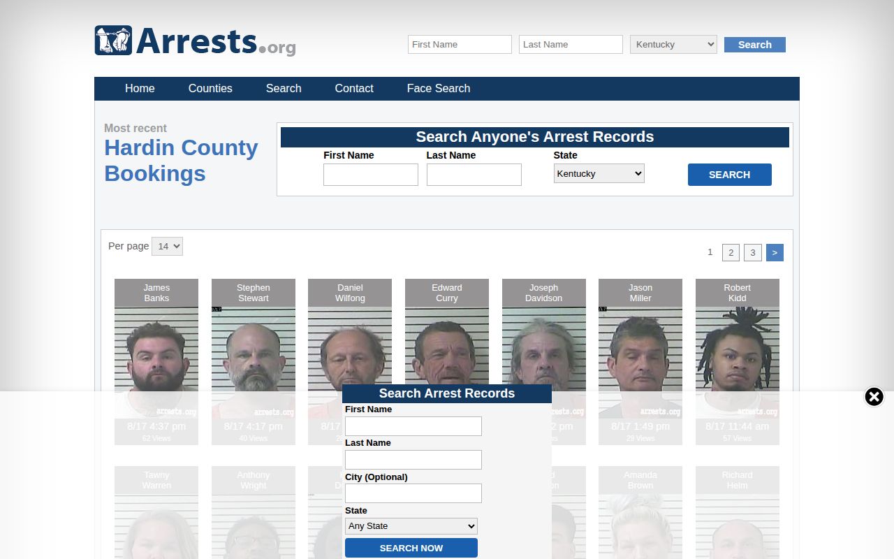 Hardin County arrest and mugshot filter on unofficial Kentucky Arrests.org