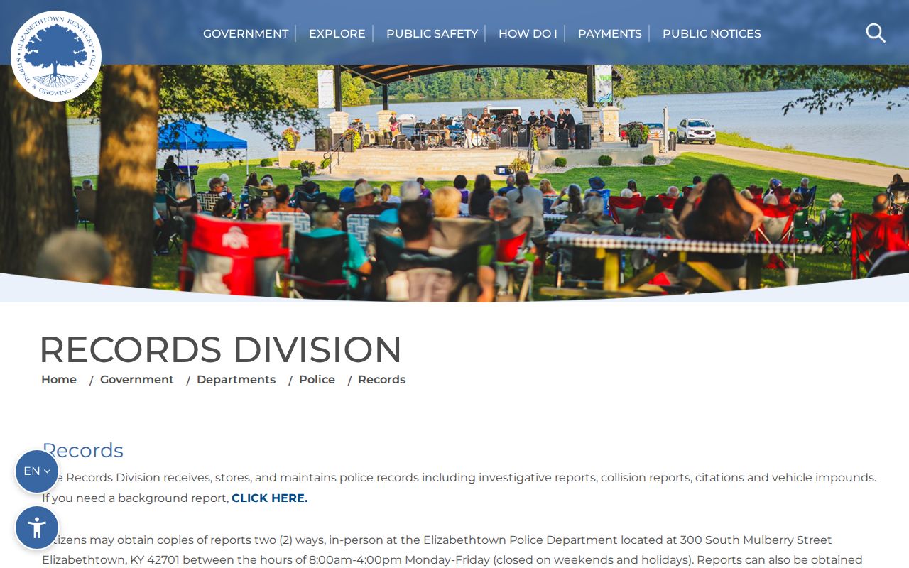 Elizabethtown Police arrest report and open records request page